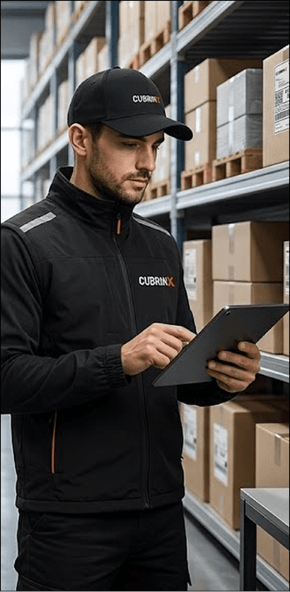 Certified operator reviewing routes in a warehouse